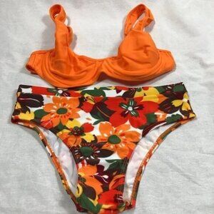 Recco Size M Brazilian Orange Underwire Top & Tropical Print Bikini Bottom. New
